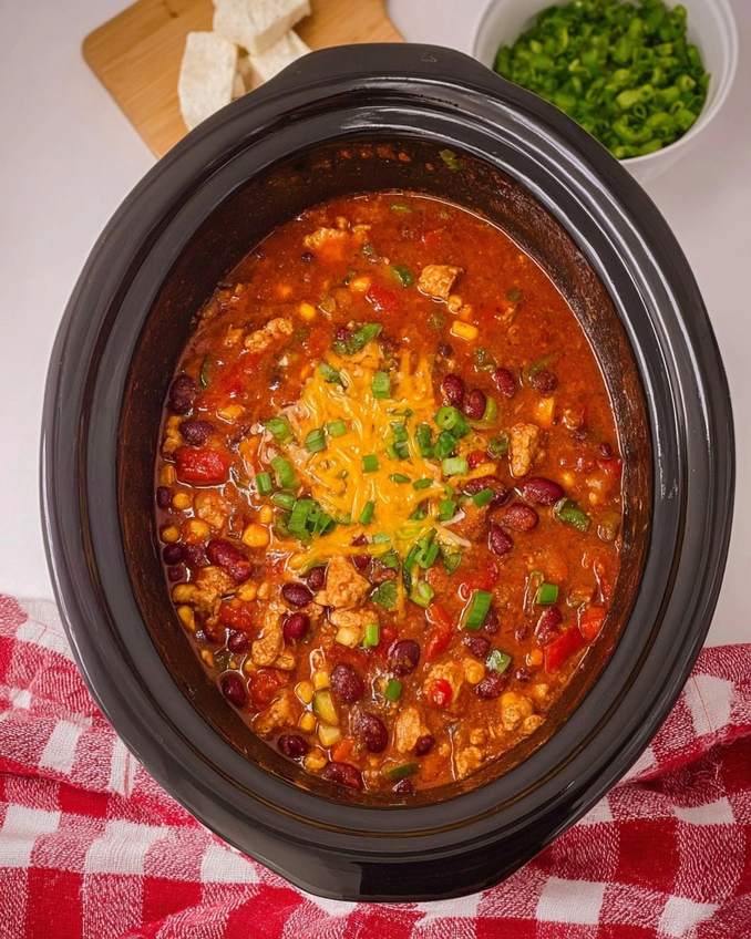 Slow cooker chipotle black bean turkey chili garnished with cheese and avocado slices