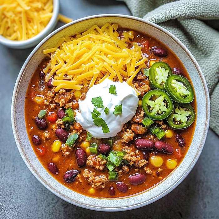 Hearty homestyle chili bowl with beef, beans, melted cheese, sour cream, jalapenos, rustic presentation