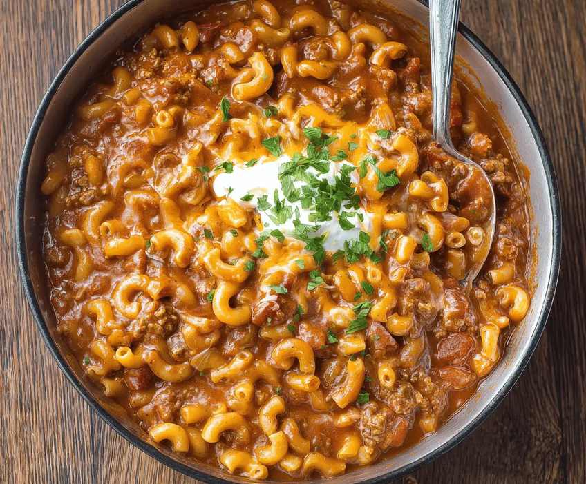 Cheesy chili mac bowl with beef, beans, melted cheese, sour cream, jalapenos, crispy bacon crumble