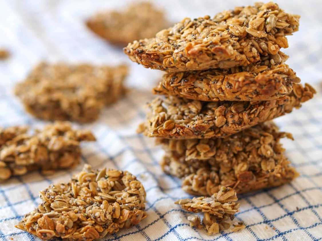 Golden granola cookies studded with pumpkin seeds, sunflower seeds, and dried fruit