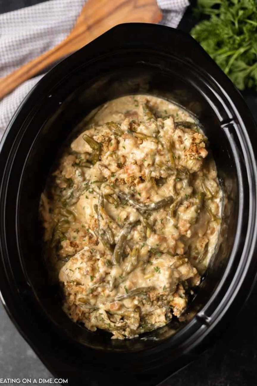 Creamy chicken and green bean casserole topped with crispy fried onions, baked to bubbly perfection