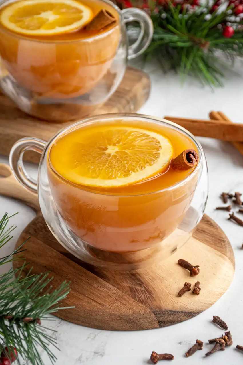 Warm citrus wassail with orange slices, cinnamon sticks, and a frothy ginger garnish