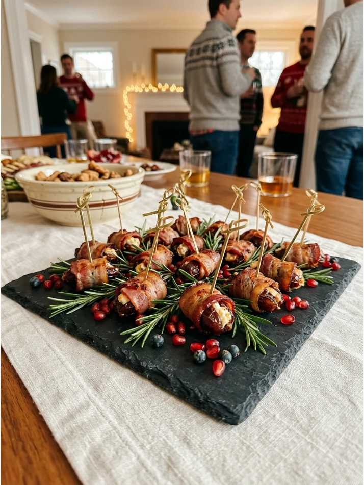 Sweet dates filled with creamy cheese, wrapped in bacon, sprinkled with fresh rosemary on a rustic board