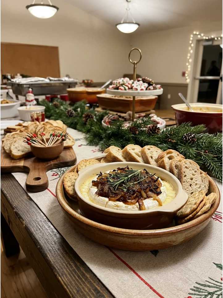 Warm brie wheel topped with golden caramelized onions, sliced baguette rounds for spreading