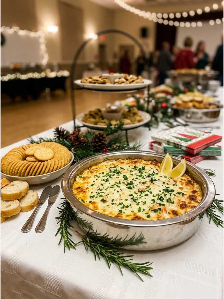 Creamy crab dip baked until bubbly, served with crunchy baguette slices on a serving platter