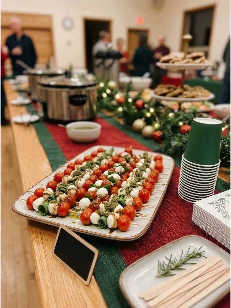 Mini skewers of mozzarella, basil, and tomato drizzled with glossy balsamic reduction