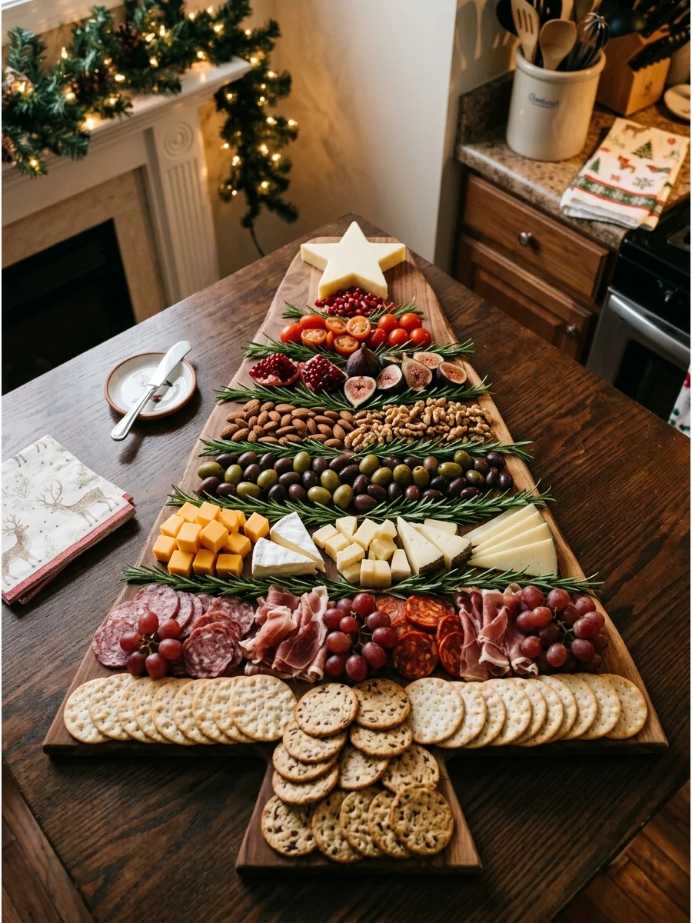 Charcuterie board arranged in a triangular tree shape with meats, cheeses, nuts, and berries