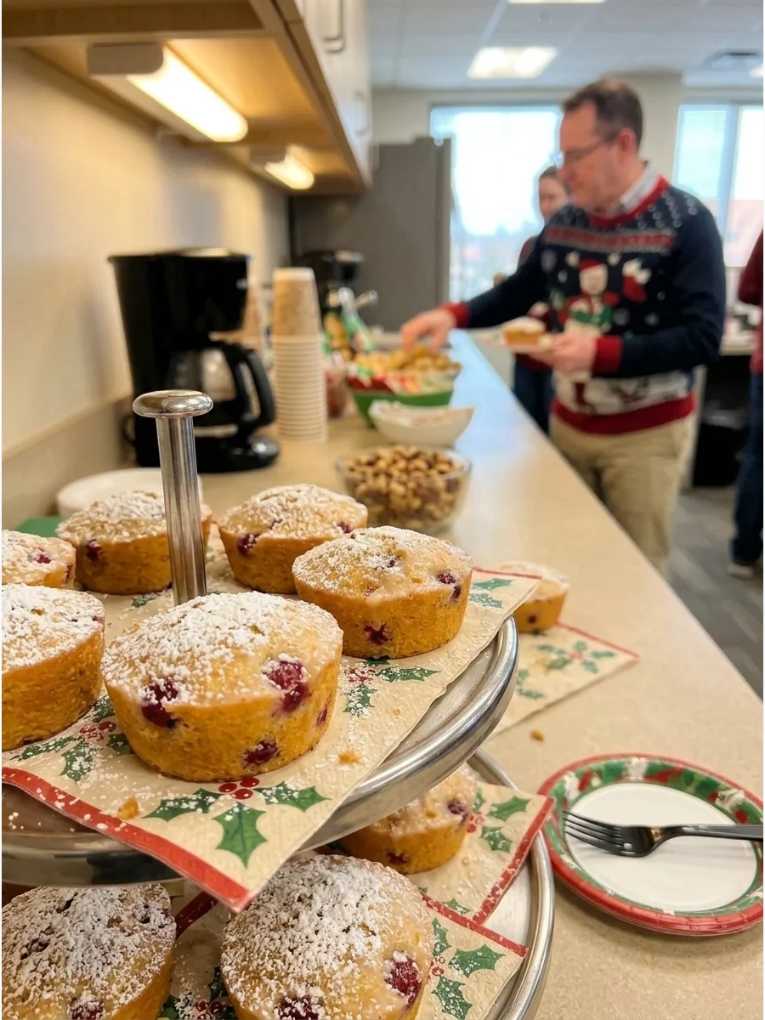 Moist orange‑infused muffins dotted with dried cranberries, dusted with powdered sugar on a white plate