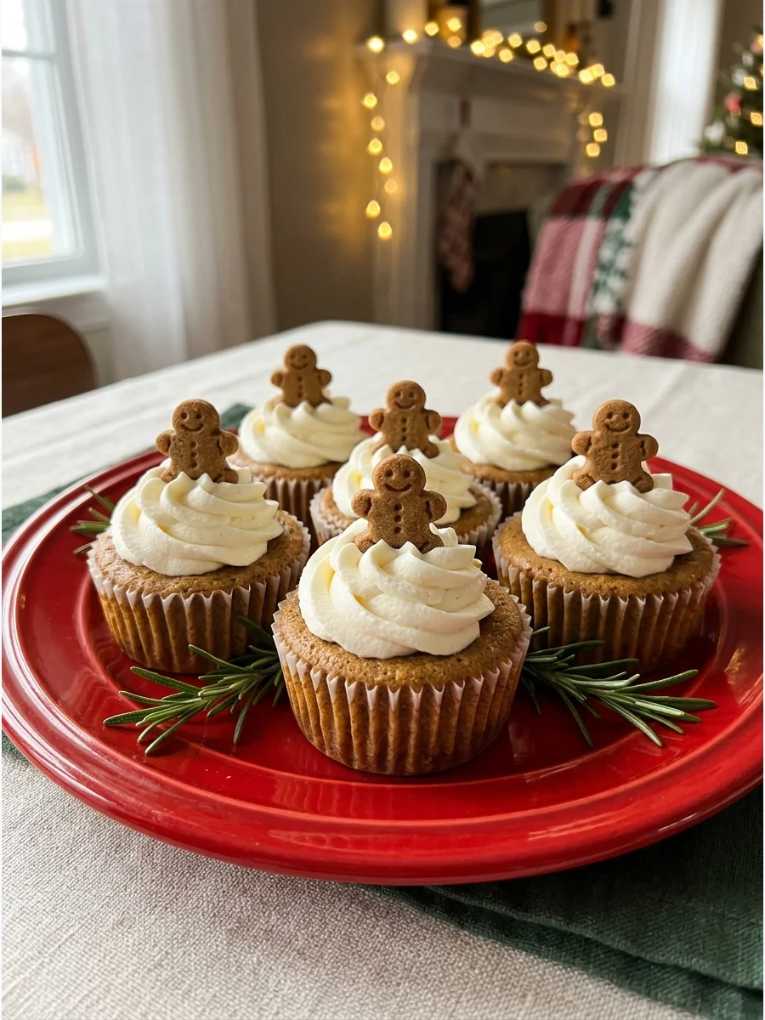 Spiced gingerbread cupcakes topped with tiny gingerbread cookie decorations and a drizzle of cream cheese frosting