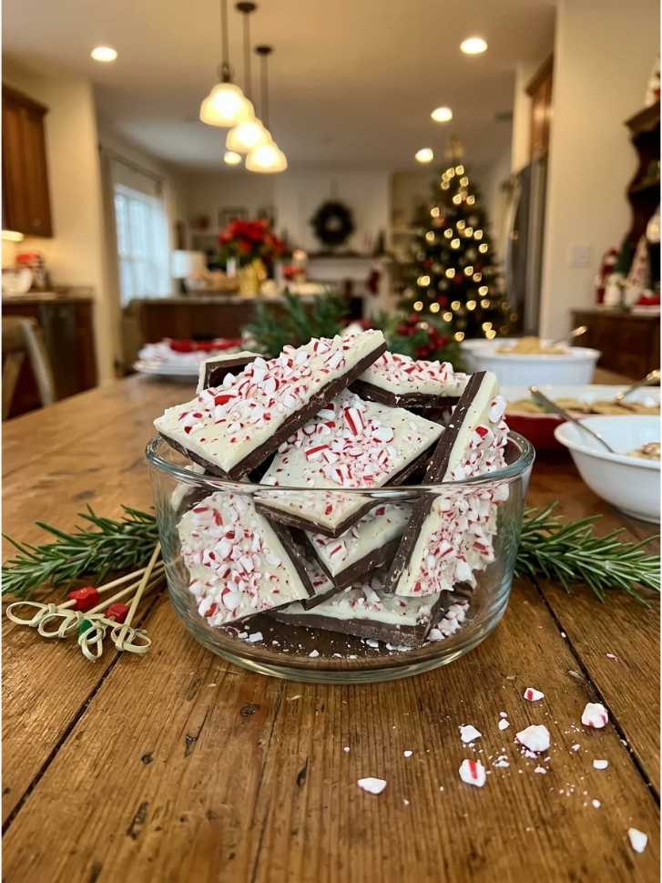 Dark and white chocolate peppermint bark broken into shards, served in a decorative bowl with crushed candy canes