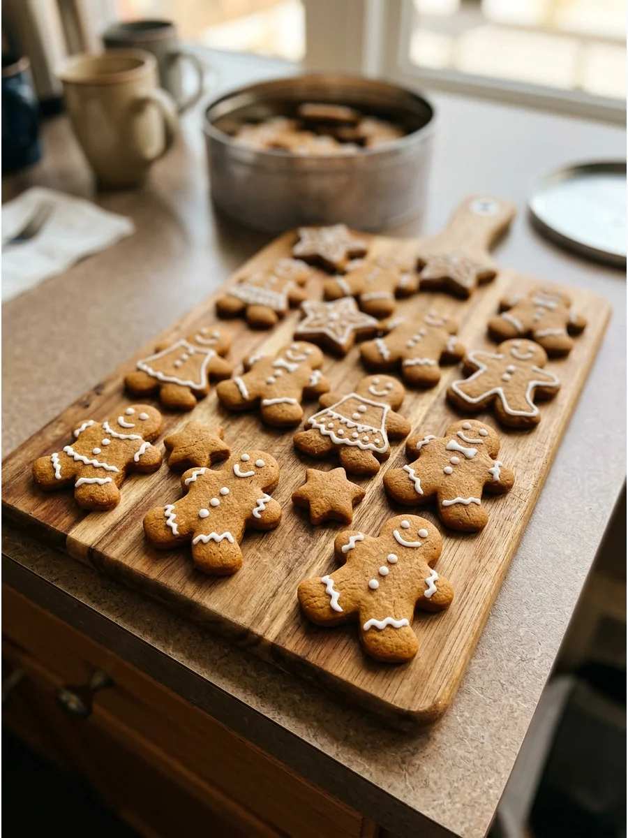 Classic gingerbread men and star-shaped cookies glazed with royal icing and colorful sprinkles on a festive plate