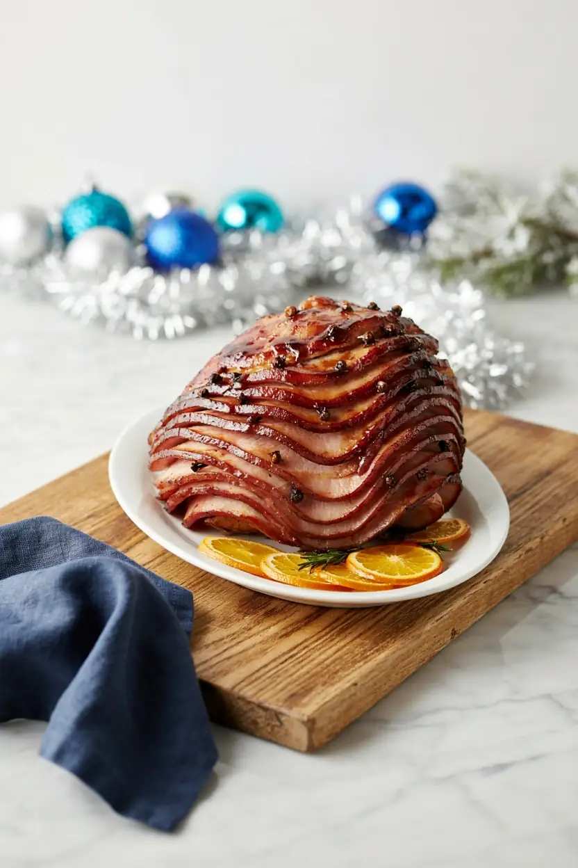 Glossy brown sugar glazed spiral ham with pineapple rings and cherry garnish on serving platter