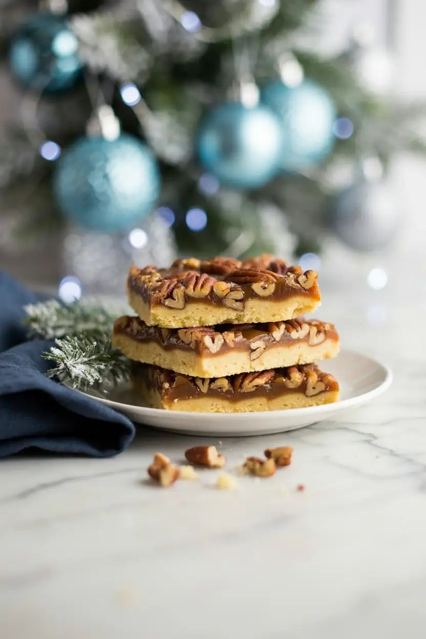 Rich caramel pecan pie bars with buttery crust and glossy caramel topping in square slices