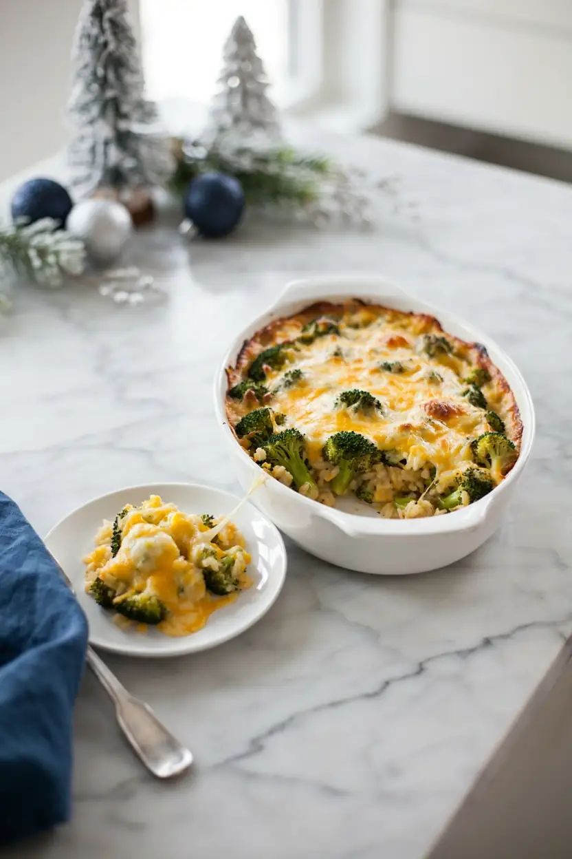 Creamy cheesy broccoli rice casserole with golden cornflake topping and chive garnish in baking dish