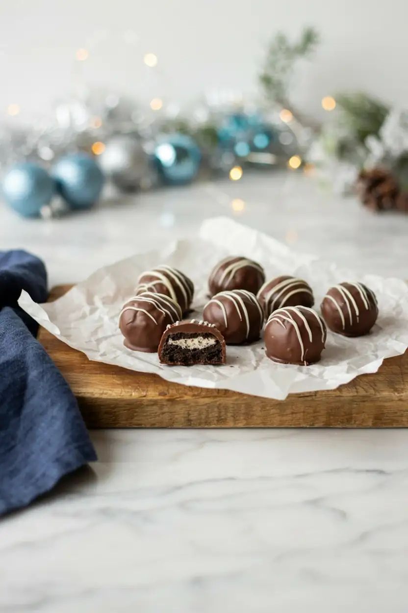 Dark chocolate covered Oreo truffles with crushed cookie coating on white plate