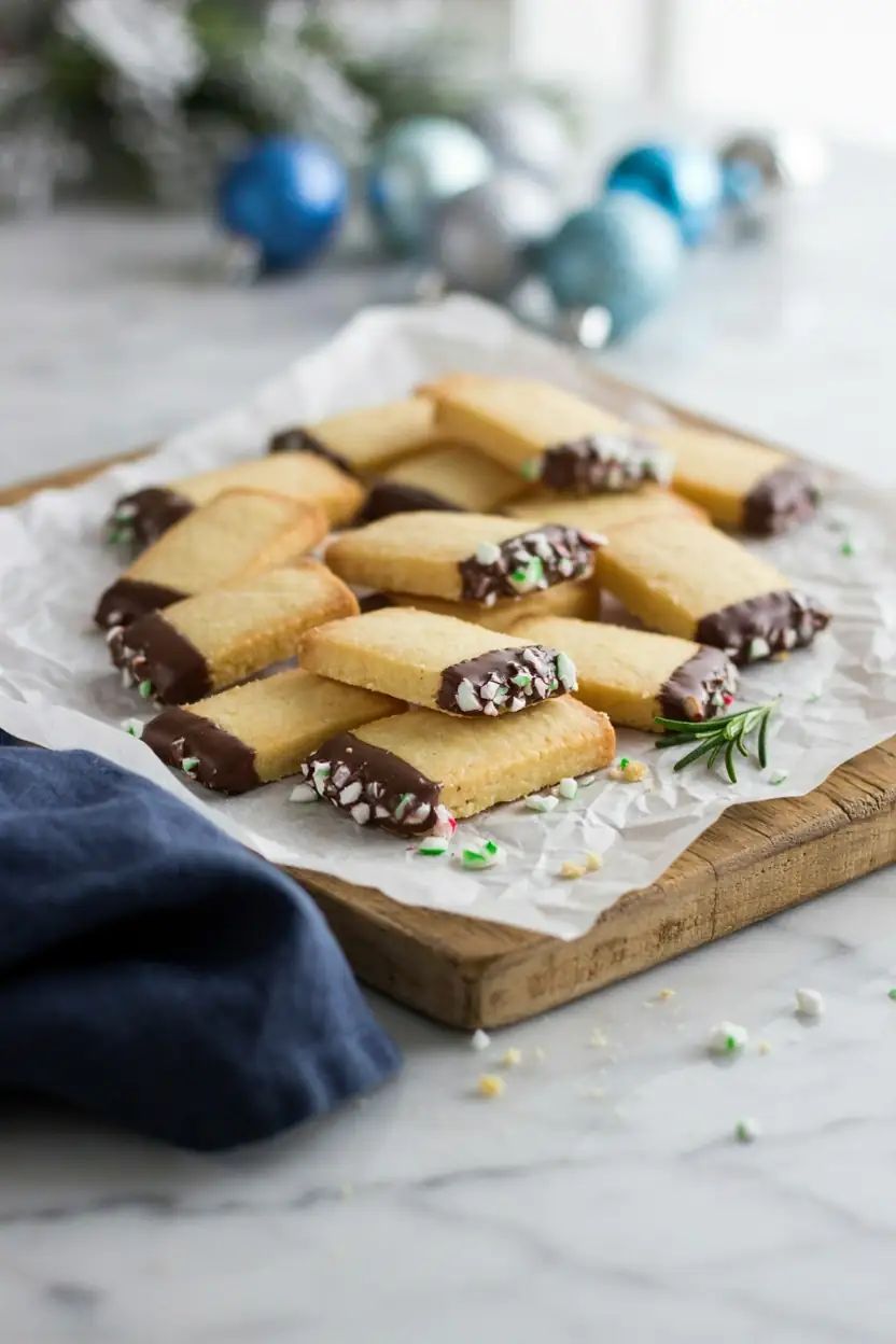 Peppermint shortbread cookies dipped in white chocolate with crushed candy canes on plate
