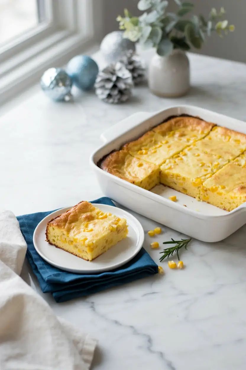 Creamy baked corn casserole with golden cornbread topping and butter pat on plate