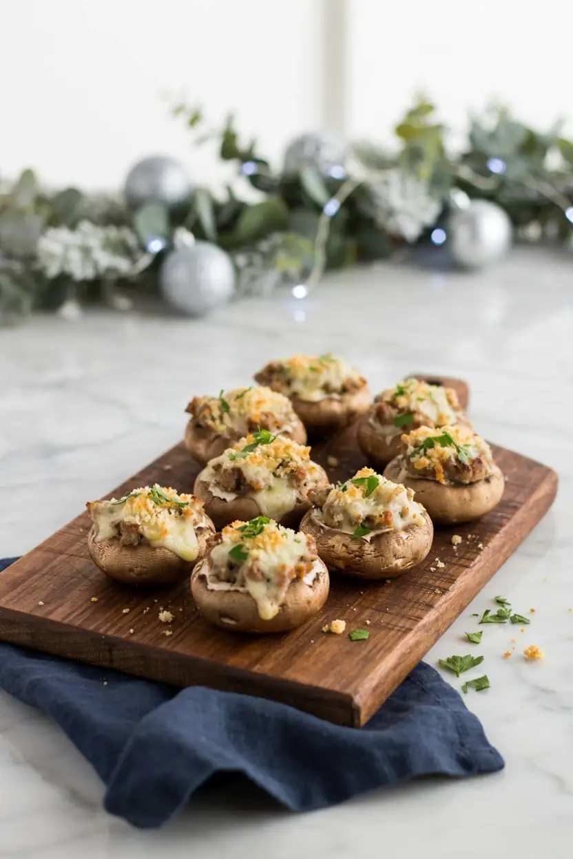 Golden baked sausage cheese stuffed mushrooms with melted mozzarella and dried oregano garnish