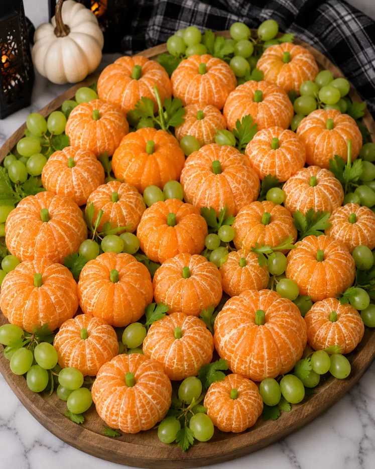 Peeled clementines arranged in a bowl with green stems and orange flesh resembling pumpkins.