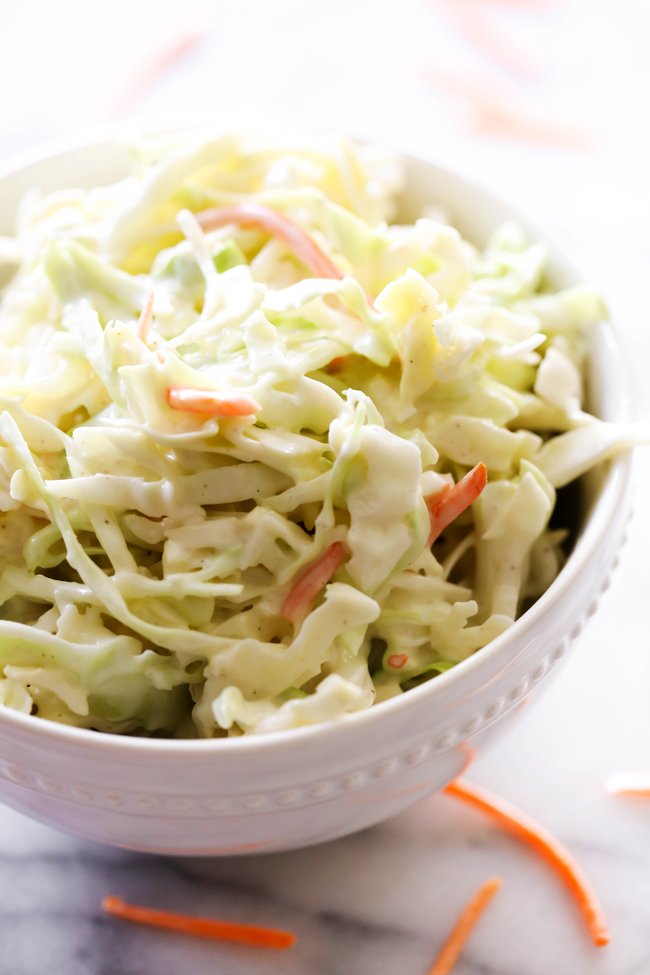Southern classic creamy coleslaw showcasing crisp cabbage and cool crunch in creamy dressing.