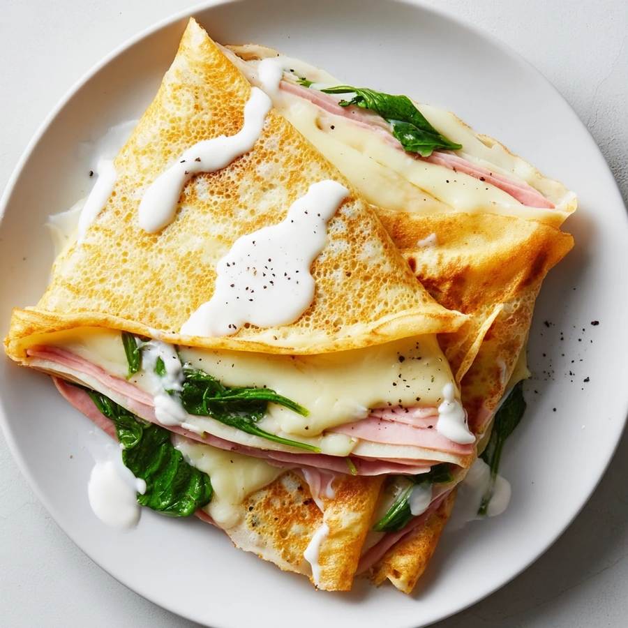 Thin crepes layered with strawberries, blueberries, lemon curd, topped with whipped cream