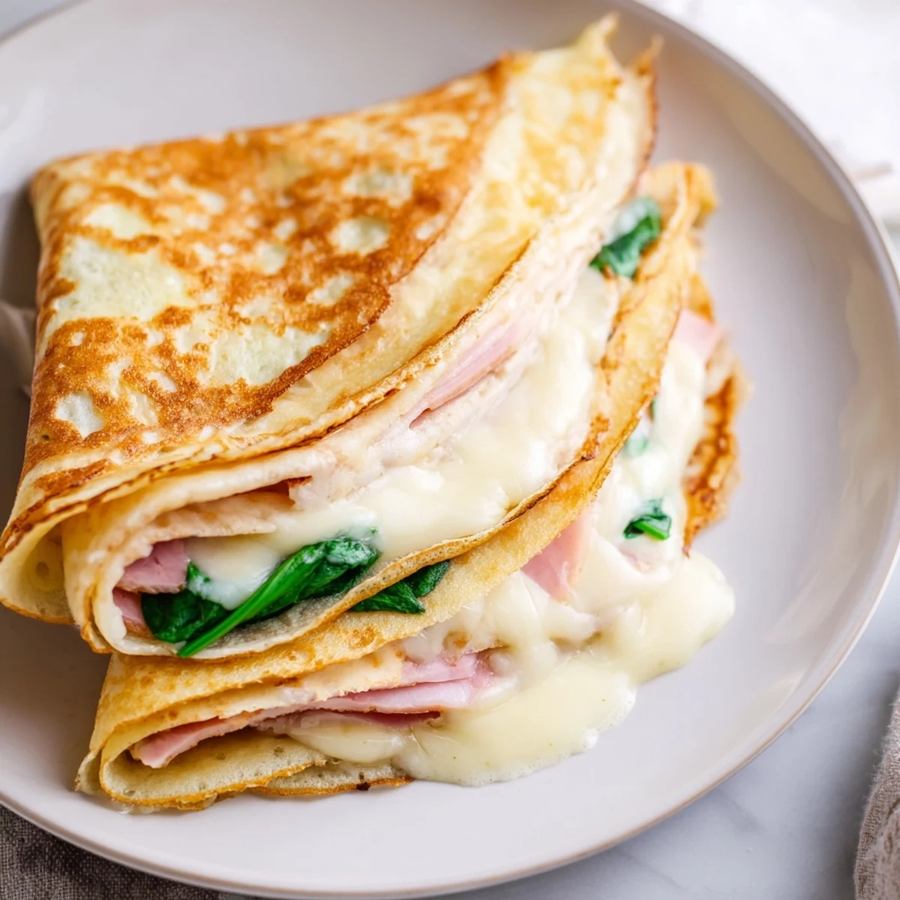 Thin crepes filled with raspberries and a light cream sauce, served with a dusting of cocoa powder