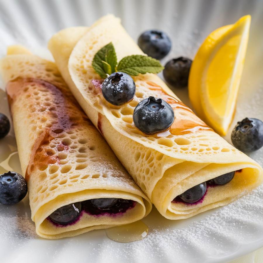 Thin golden French crepes filled with mixed berries, topped with a drizzle of honey and powdered sugar