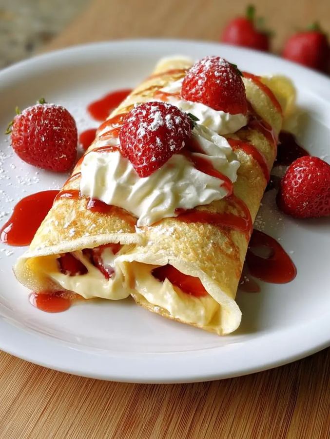 Golden crepes topped with airy strawberry whipped cream and a drizzle of strawberry coulis