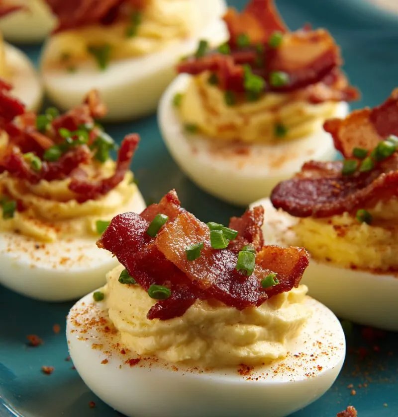 Bacon deviled eggs with creamy yolk filling, smoky bacon, paprika, and fresh chives
