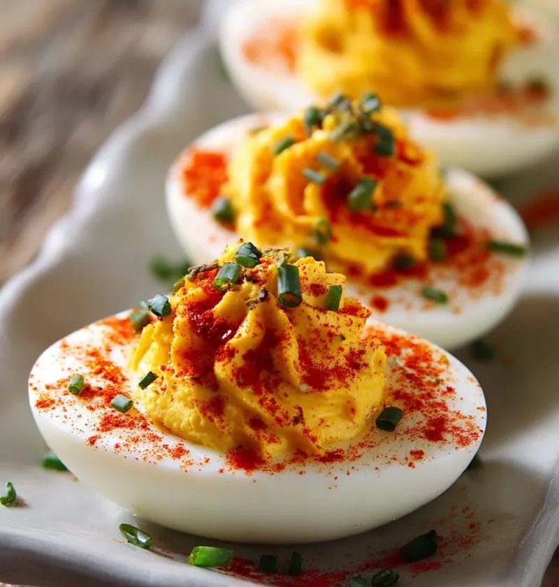Spicy deviled eggs with creamy yolk filling, paprika, jalapeño, and fresh cilantro