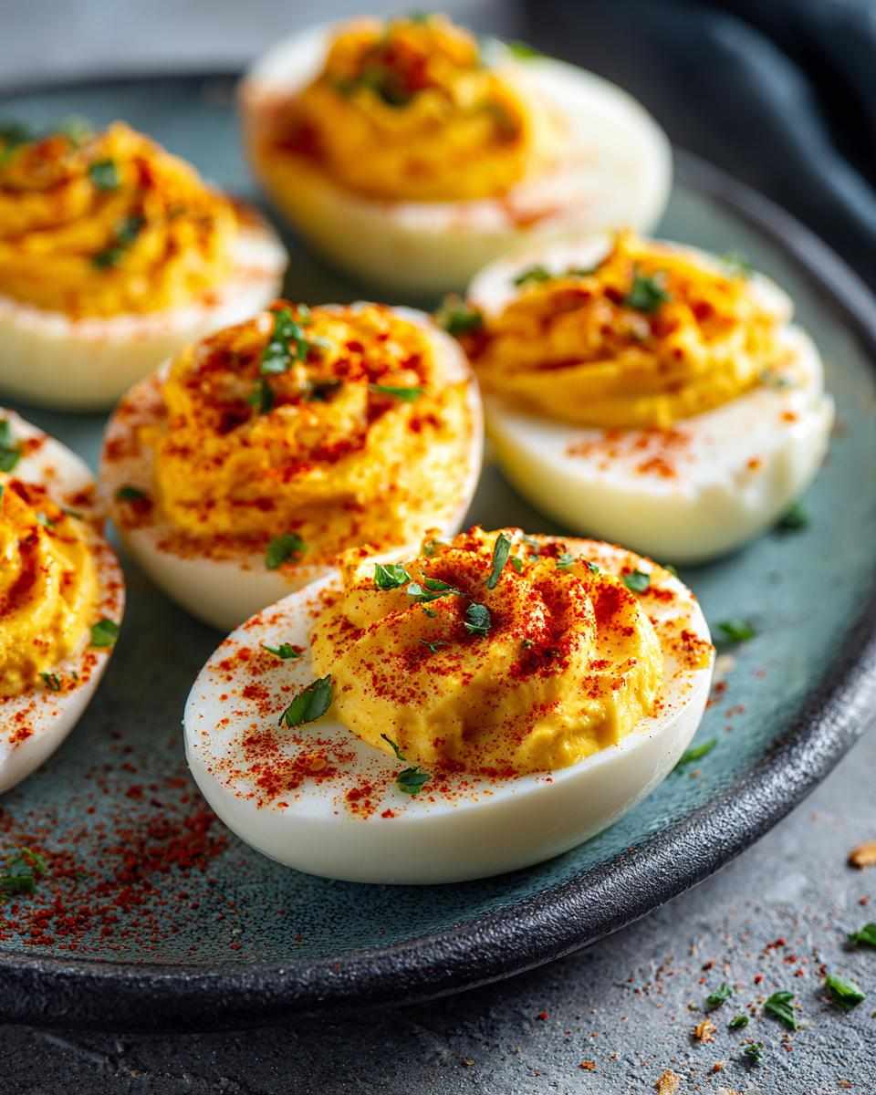 Classic deviled eggs, creamy yolk, paprika swirl, chive garnish, glossy egg whites