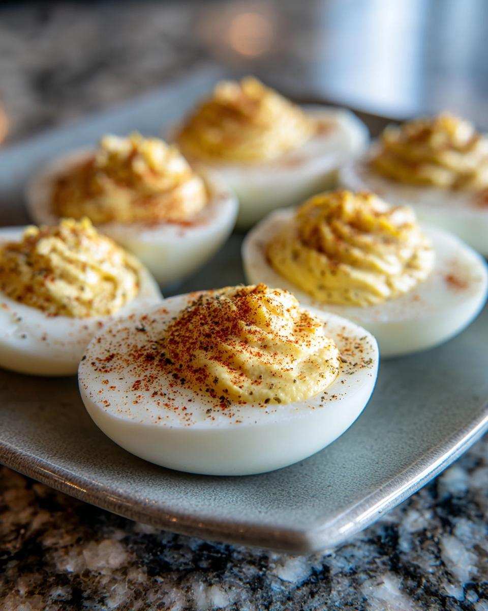 Elegant deviled eggs, silky yolk filling, paprika dust, parsley garnish, smooth egg whites