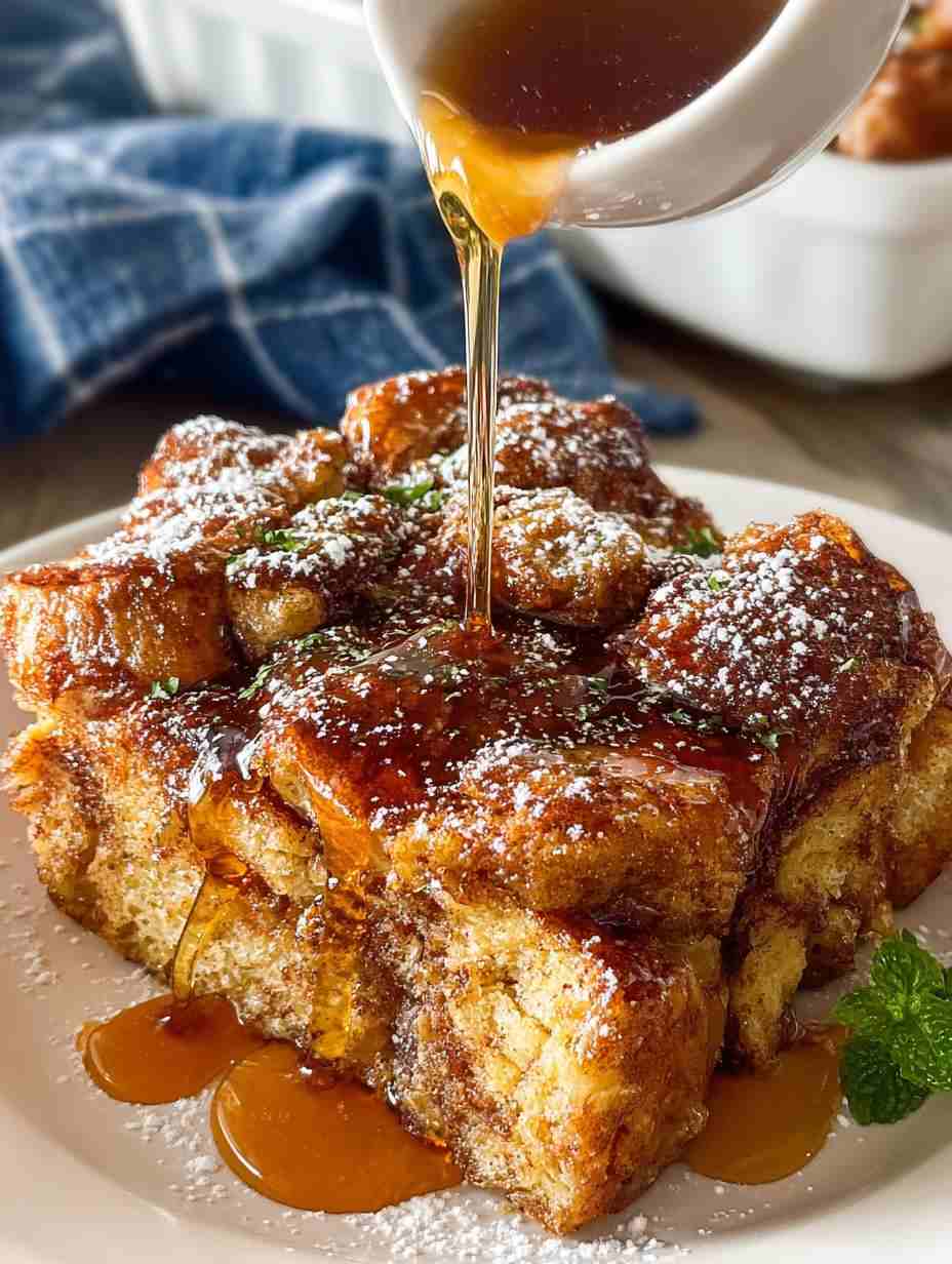 Golden custardy bread cubes soaked overnight, topped with warm berries and a drizzle of maple syrup