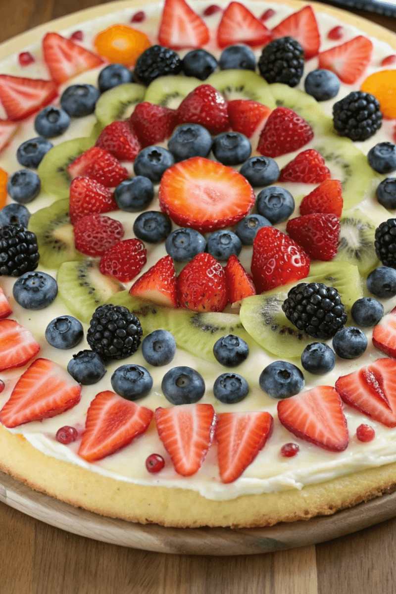 Fudgy chocolate brownie crust topped with whipped cream cheese frosting and mixed berries, rich chocolate fruit pizza