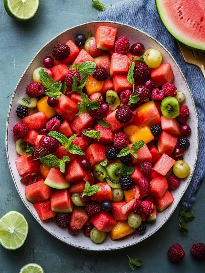 Classic fresh fruit salad with crisp apple, juicy grapes, sweet berries, and citrus honey glaze