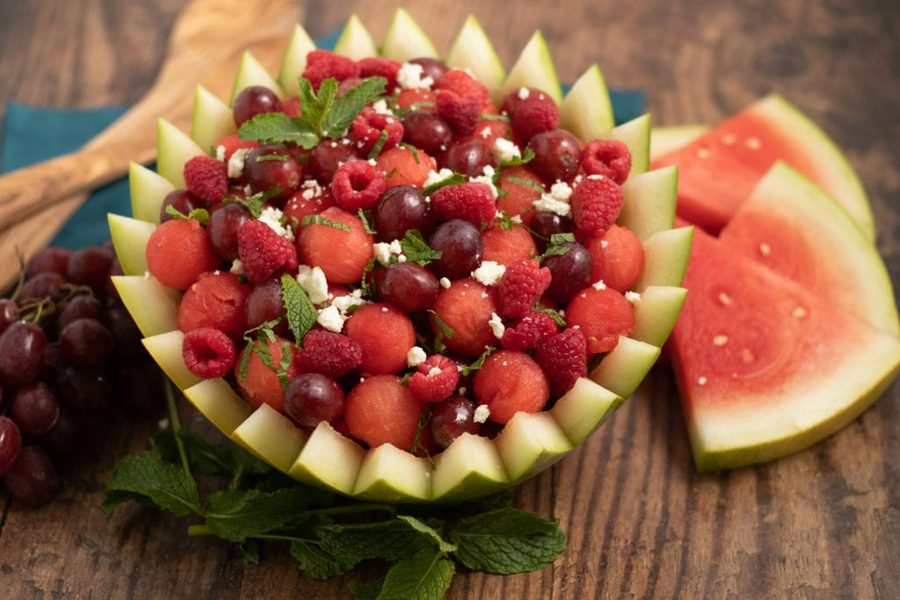 Refreshing watermelon feta mint fruit salad with juicy cubes, salty feta, and lime‑mint vinaigrette
