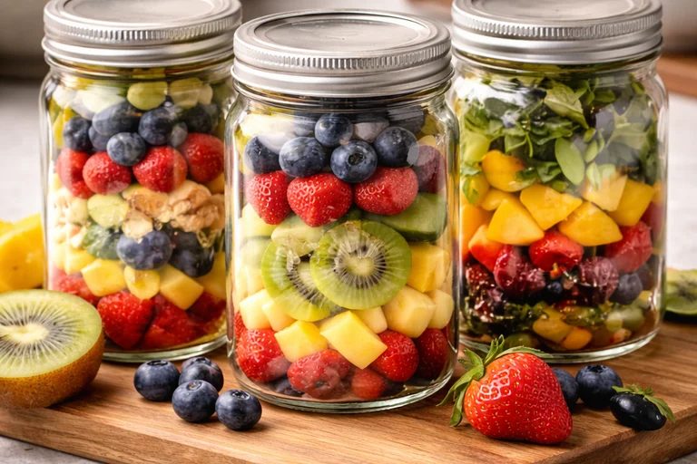 Classic fresh fruit salad with grapes, berries, citrus segments, and a honey‑mint glaze