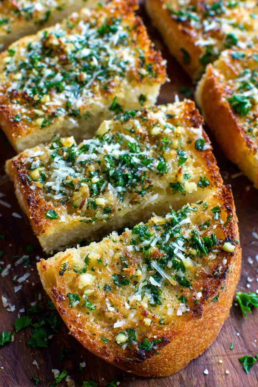Classic garlic bread with golden buttery crust, fragrant garlic, fresh parsley, and a hint of mozzarella