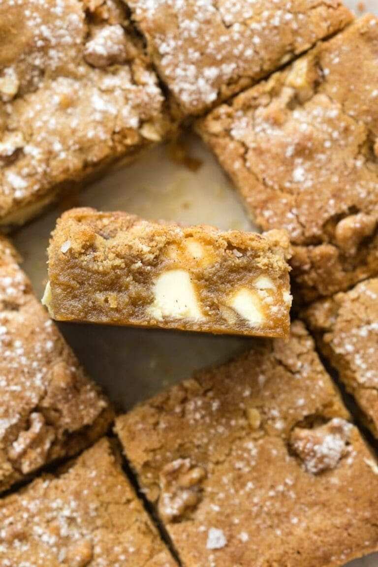 Square gingerbread blondie bars with a chewy center.