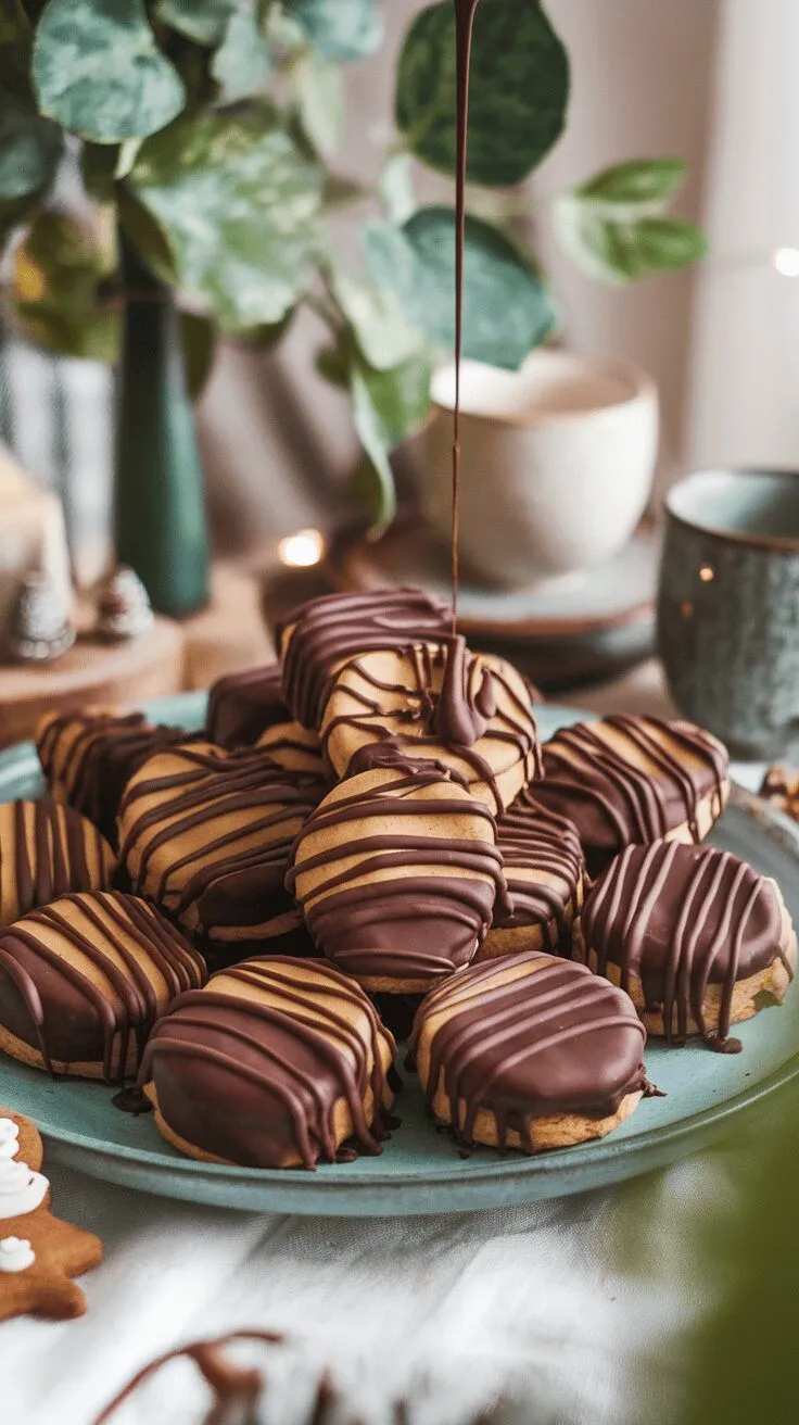 Gingerbread cookies dipped in dark chocolate with a glossy finish.