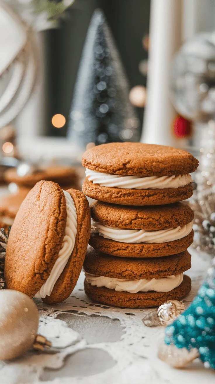 Two gingerbread cookies sandwiching a thick layer of white cream.