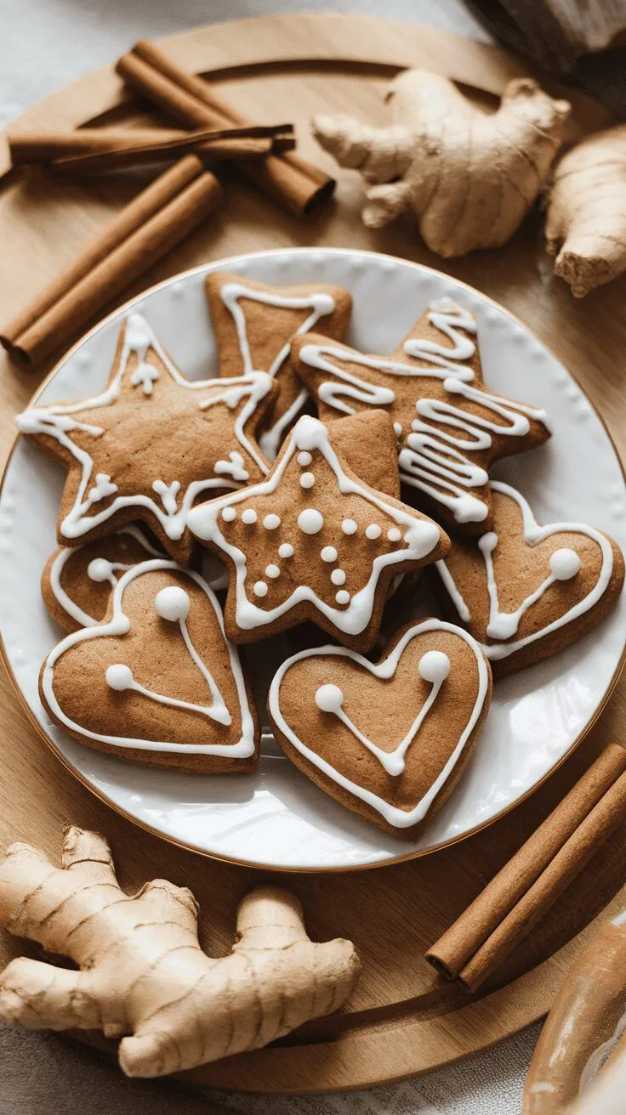 Colorfully iced vegan gingerbread cutout cookies shaped like stars and trees.