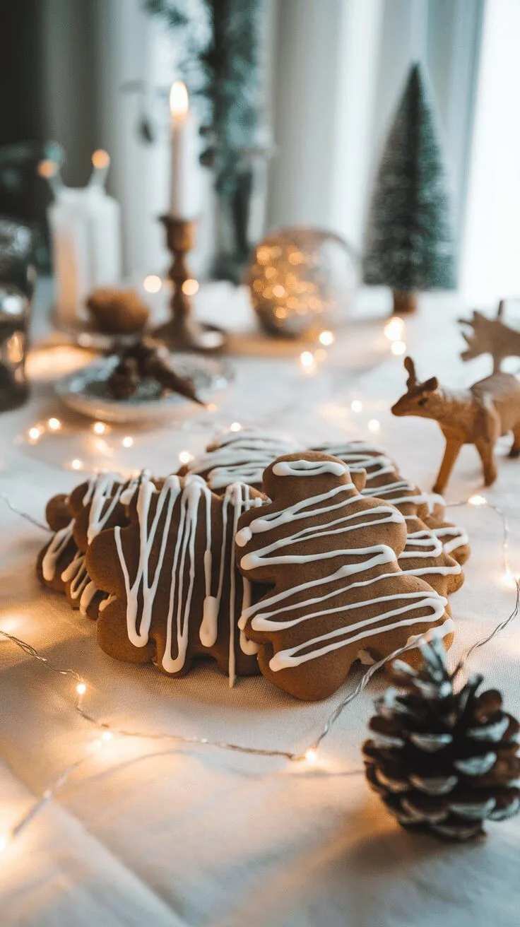 Gingerbread cookies half-dipped in smooth white chocolate with sprinkles.