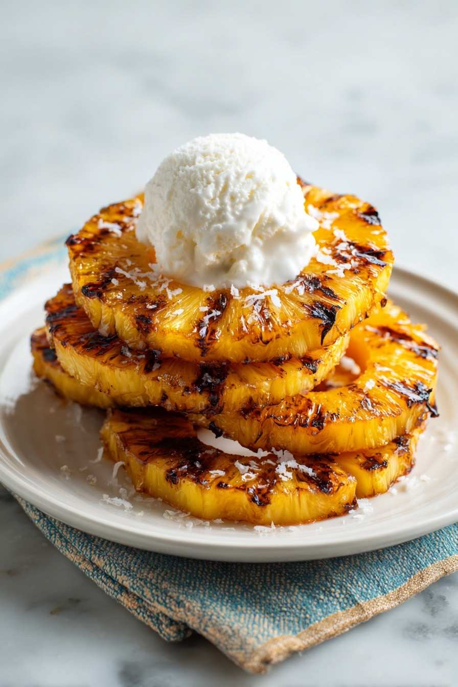 Classic grilled pineapple rings with crisp broccoli florets, simple dressing, toasted nuts, dried fruit, cheese