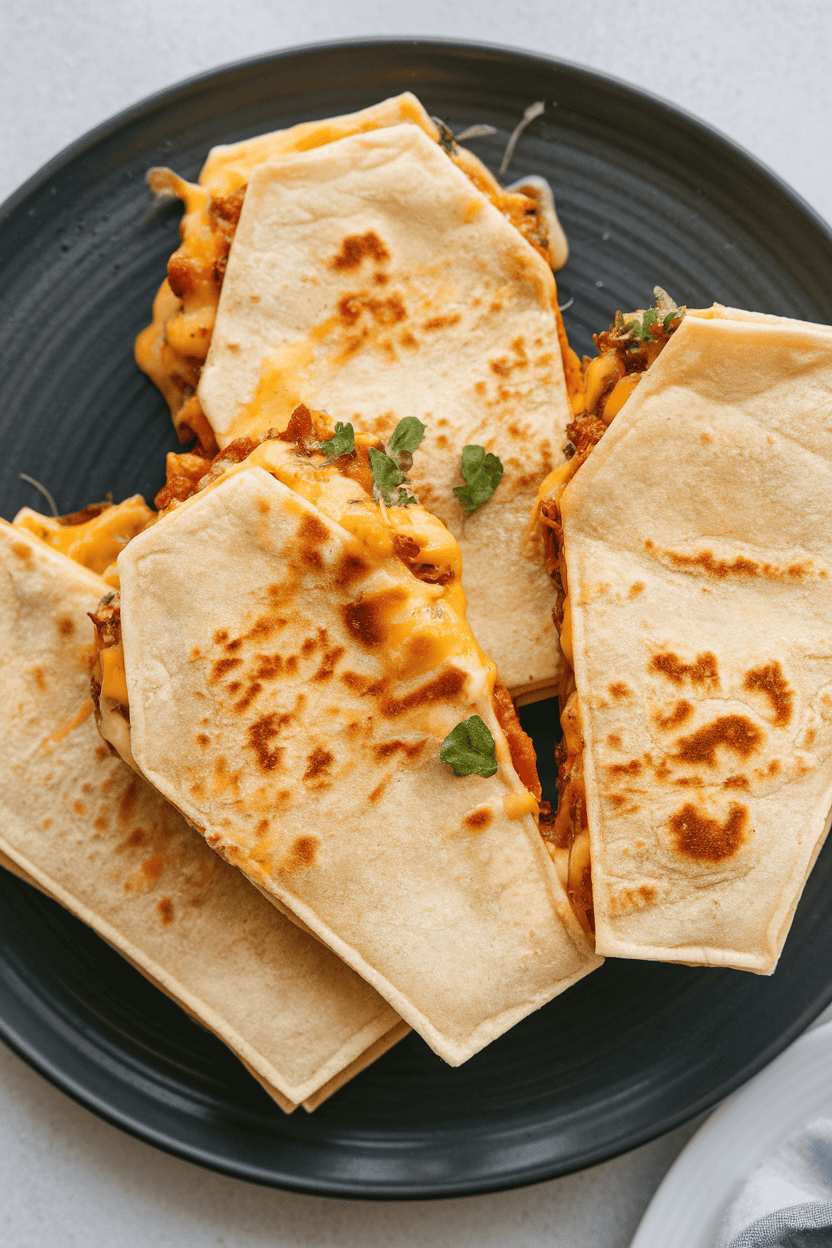 Triangular cheese quesadillas cut into coffin shapes with salsa and sour cream on a white plate