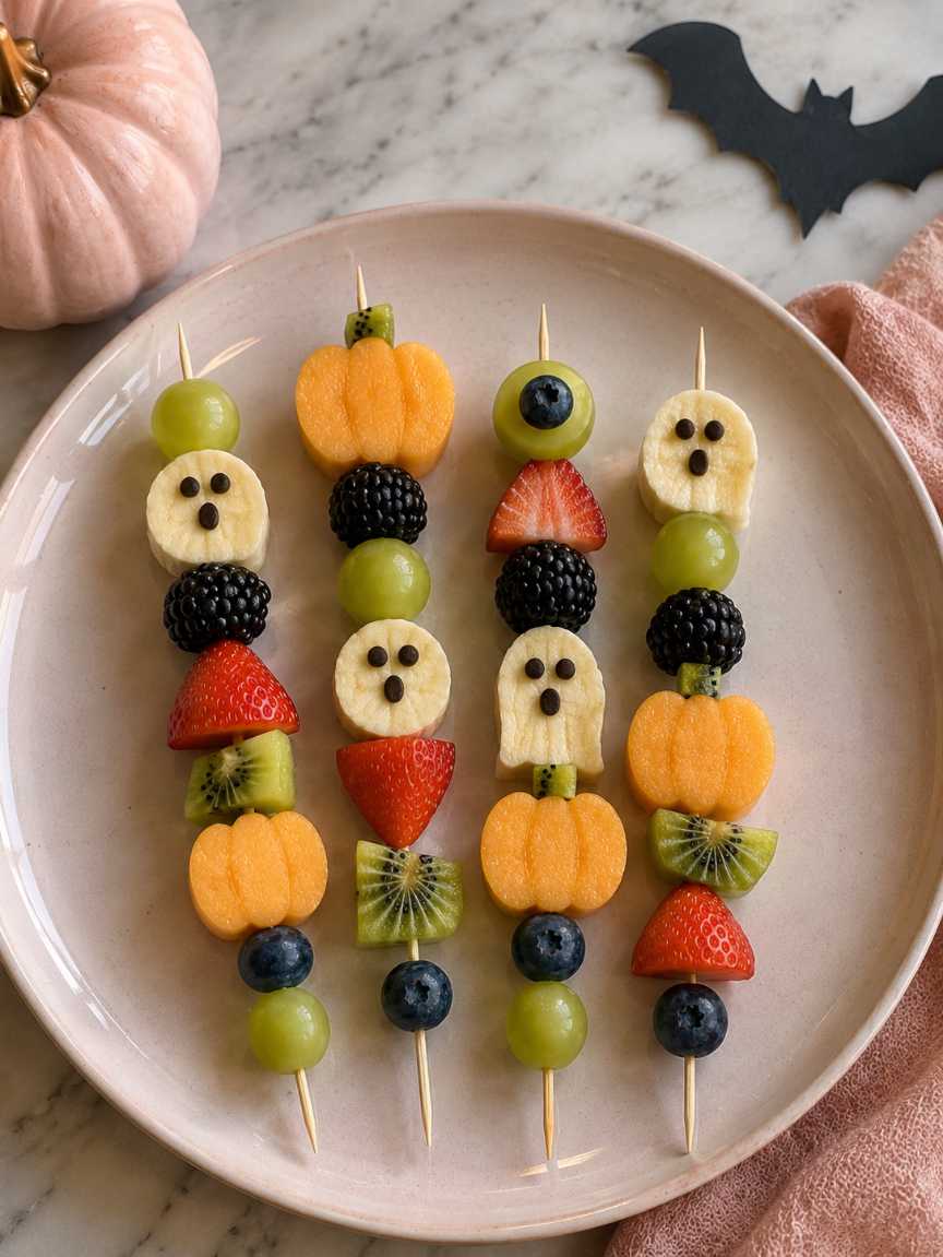 Skewers with banana slices and grapes, with banana ghosts made from cream cheese.