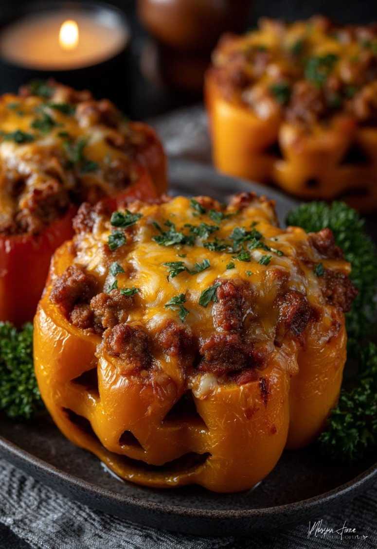 Orange bell peppers carved like jack-o-lanterns and stuffed with seasoned rice and ground beef