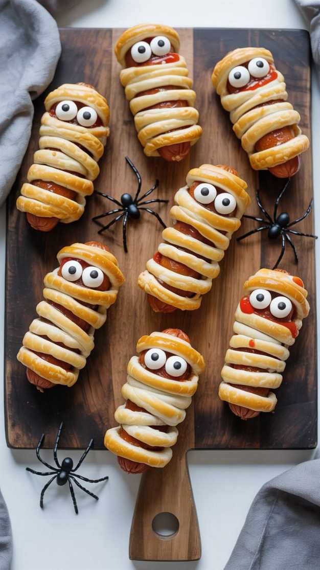 Hot dogs wrapped in crescent dough strips with ketchup eyes on a white plate