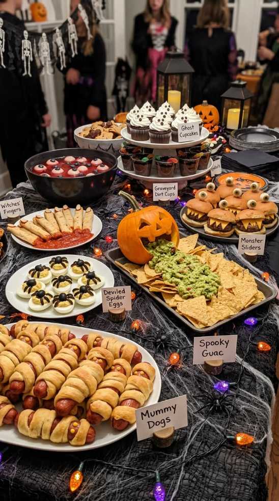 A long table filled with various Halloween snacks, pumpkins, and spooky lighting.