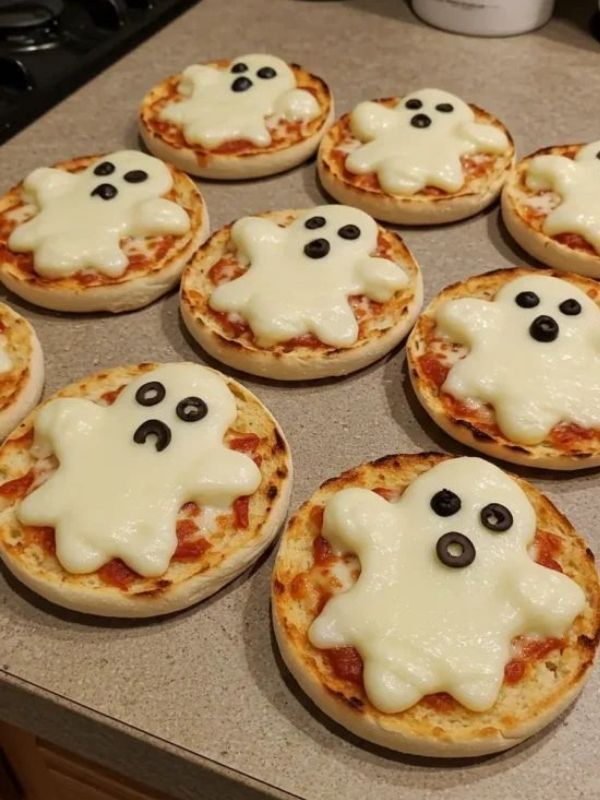 Round pizza topped with marinara, mozzarella, sliced olives forming a spider web, and a black olive “spider.”